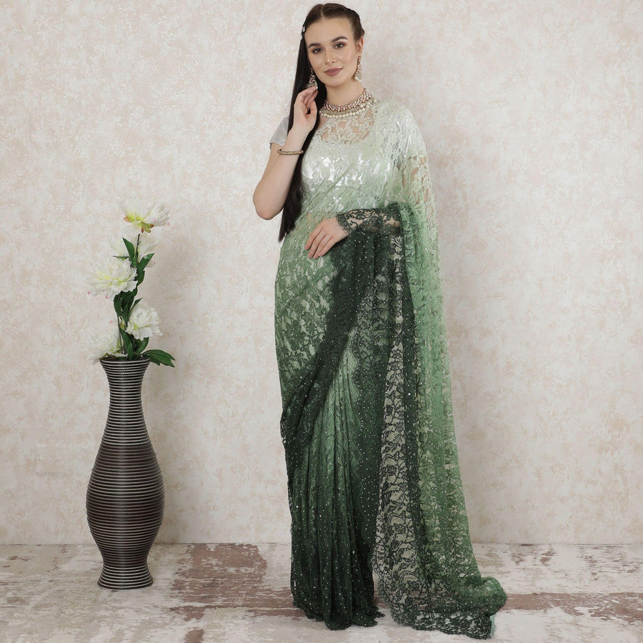 Forest green to mint green Premium pure French chantilly lace saree having stone work in ombre design-D14517