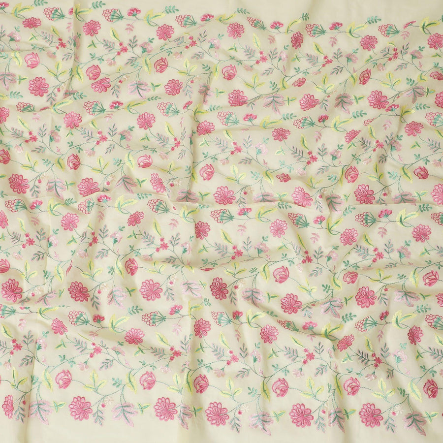 Flax yellow premium pure cotton voile fabric with same tone, baby pink and Paris green embroidery in floral design-D13637