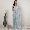 Powder blue, silver Premium pure French metallic chantilly lace saree in floral design-D14501
