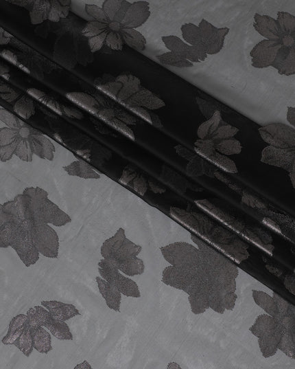 Black Premium pure Italian silk chiffon fabric with copper and silver metallic lurex in floral design-D10797
