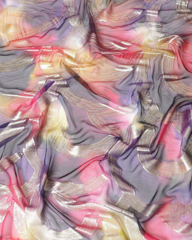 قماش شيفون من الحرير الخالص متعدد الألوان مع لوريكس معدني ذهبي بتصميم تجريدي-D9693