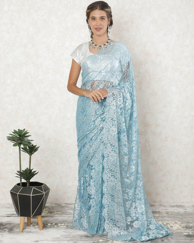 Baby blue, silver Premium metallic French chantilly saree ace in floral design-D10918