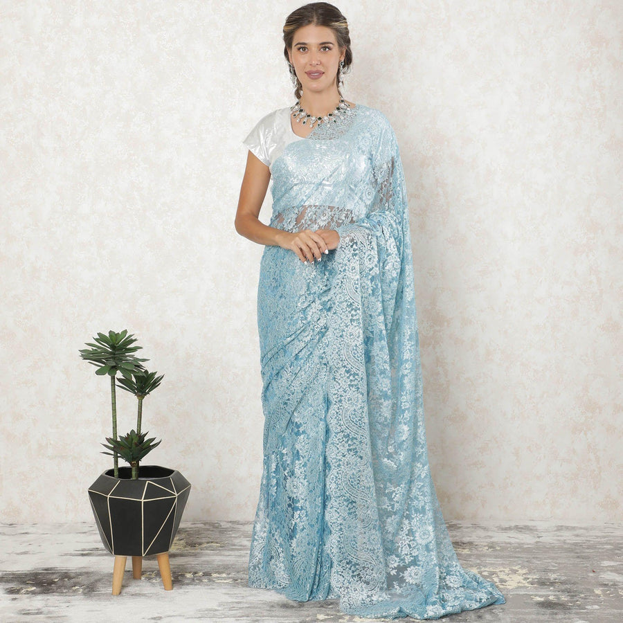 Baby blue, silver Premium metallic French chantilly saree ace in floral design-D10918