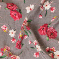 Liver brown premium pure silk crepe fabric with ruby pink, beige and forest green print in floral design-D9394