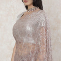 Pastel pink, copper, silver Premium Pure French metallic chantilly lace saree having stone work in floral design-D14480