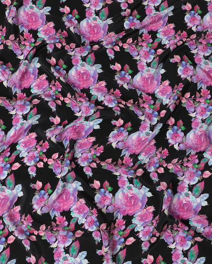 Black viscose fabric with multicolor print in floral design-D12263