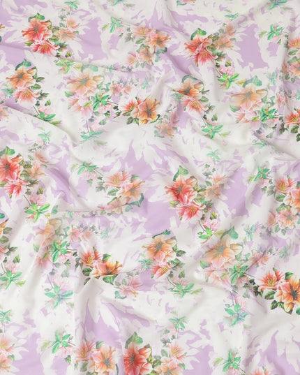 Off white Italian cotton voile fabric with Paris green, light lavender, carnation pink and black print in floral design-D6384 Regal Fabrics