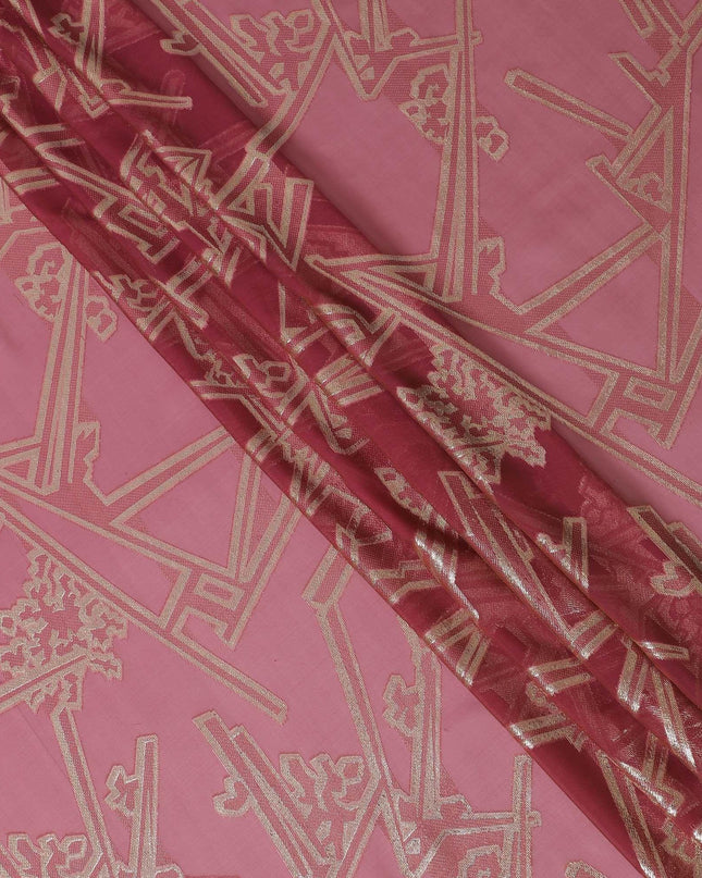 قماش شيفون من الحرير الخالص الفاخر باللون الوردي الكرزي مع لوريكس معدني ذهبي بتصميم تجريدي -D13843