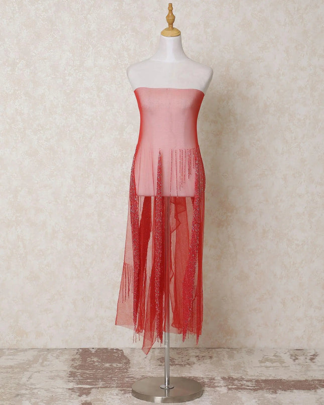 Crimson red nylon tulle fabric with same tone bead work in fancy design-D14100 Regal Fabrics