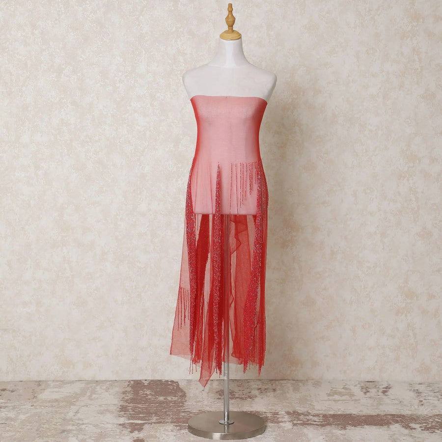 Crimson red nylon tulle fabric with same tone bead work in fancy design-D14100 Regal Fabrics