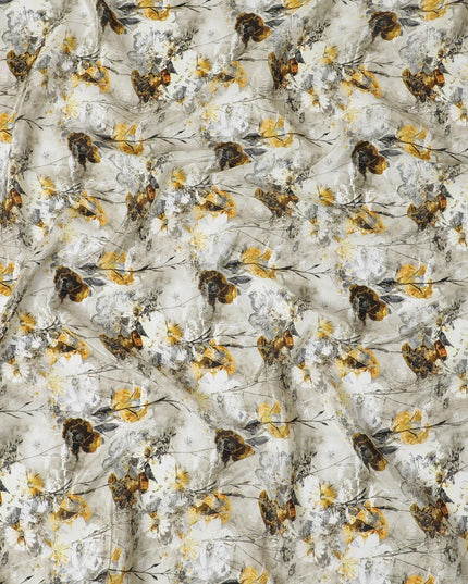 Off white viscose fabric with grey, mustard and dark olive print in floral design-D12262 Regal Fabrics