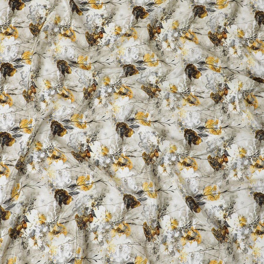 Off white viscose fabric with grey, mustard and dark olive print in floral design-D12262 Regal Fabrics