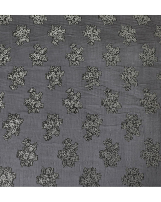 Black synthetic chiffon fabric with grey viscose and same tone metallic lurex in floral design-D11892