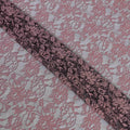 Black lace fabric with light pink embroidery in floral design-D13285