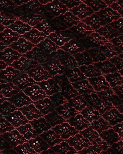 Dark maroon premium pure silk blended velvet same tone embroidery having sequins in fancy design-D13669 Regal Fabrics