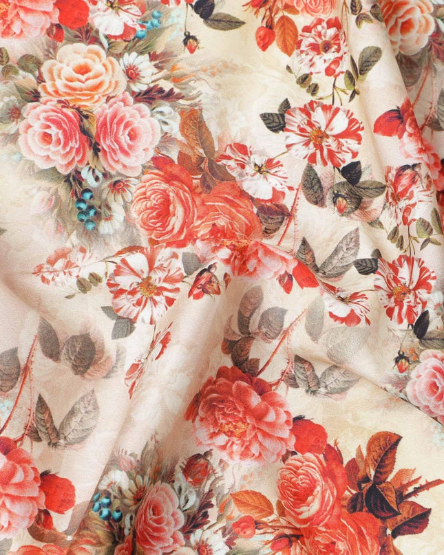 قماش قطني مخلوط باللون البيج اللاتيه مع طباعة متعددة الألوان بتصميم الأزهار: D-5667