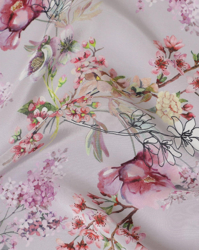 Light lilac synthetic crepe fabric with multicolor print in floral design-D14459