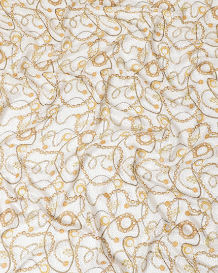 Off white Premium pure Italian silk blended burnout velvet fabric with mustard yellow print in fancy design-D13838