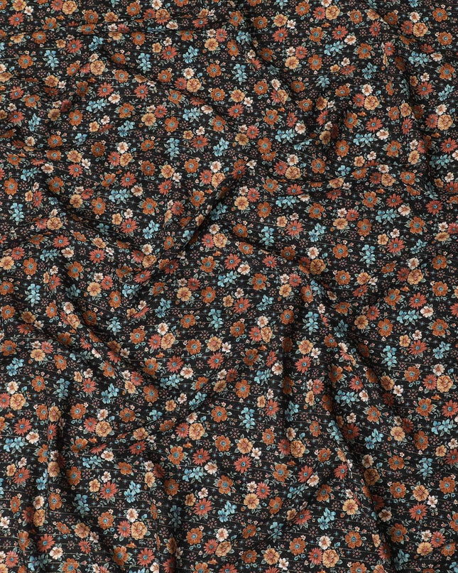 Black viscose crepe printed fabric with multi colour prints in floral design-D11159