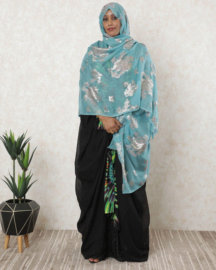 Baby blue premium pure silk chiffon garbasaar with rose pink and silver metallic lurex in floral design-D11536