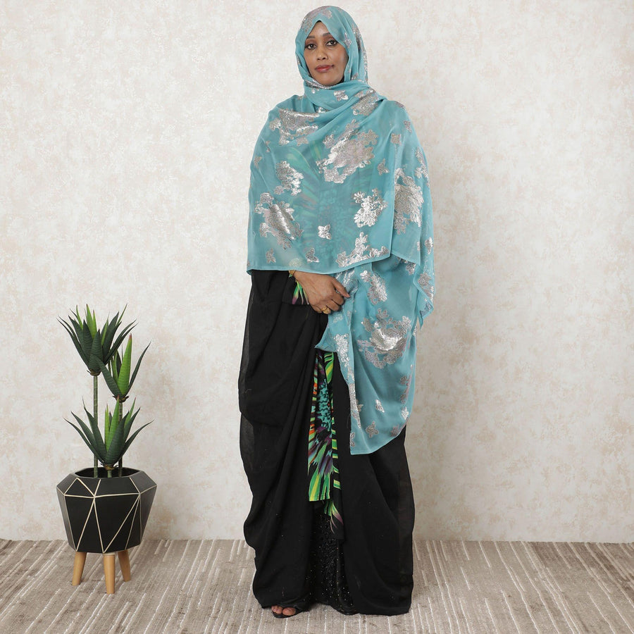 Baby blue premium pure silk chiffon garbasaar with rose pink and silver metallic lurex in floral design-D11536