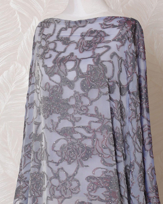 Light lavender Premium pure French (Fransawi) silk chiffon dirac fabric with burgundy viscose, black metallic lurex having stone work in fancy design-D15127