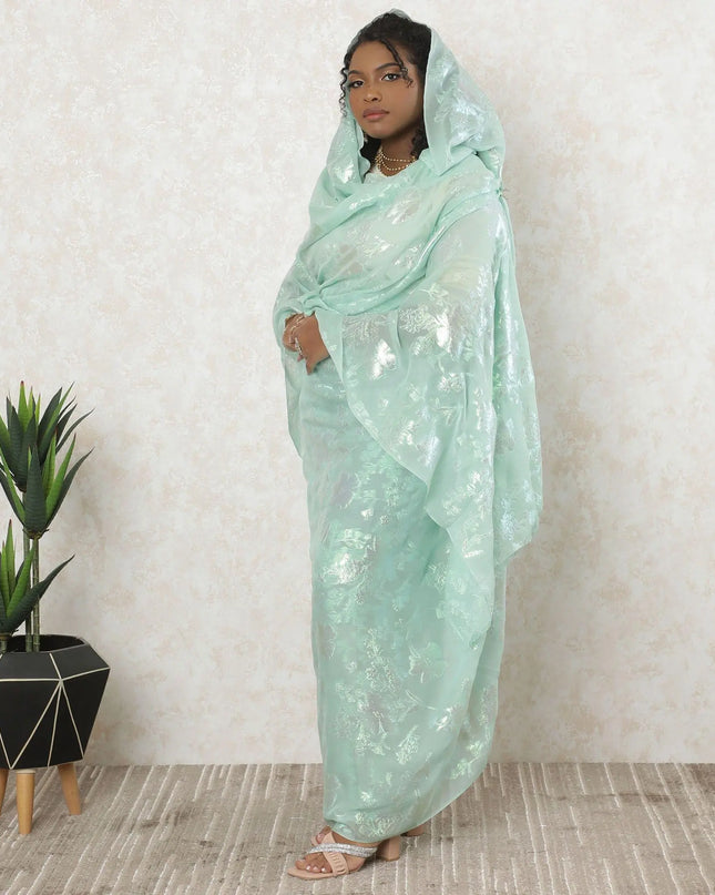 Vista green premium pure silk chiffon thobe with same tone and neon green metallic lurex in floral design-D11666 Regal Fabrics