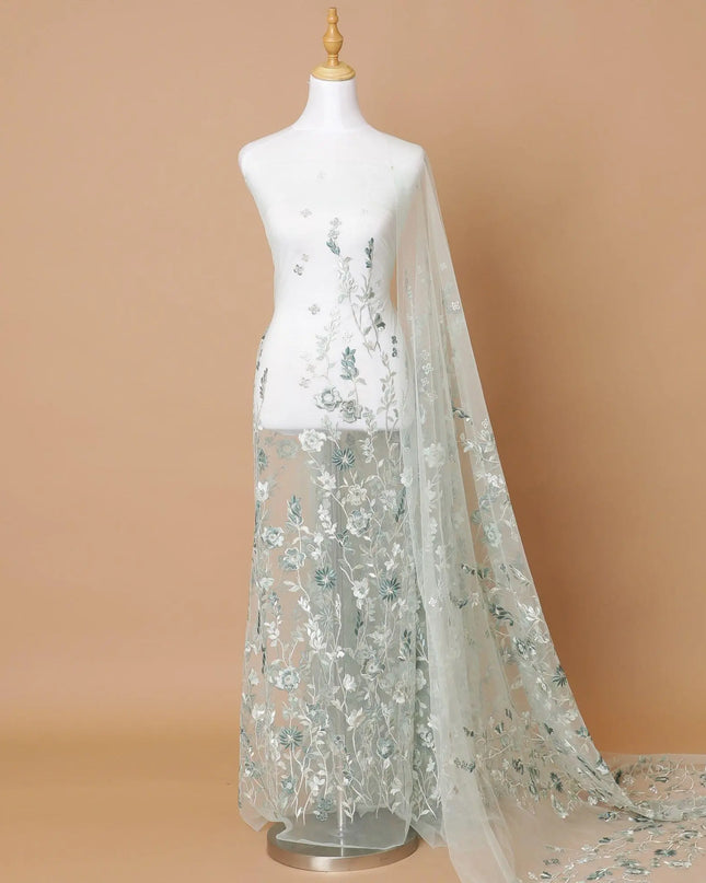 Tea green Premium wedding nylon tulle fabric with same tone, sage green, beige embroidery in floral design-D7918 Regal Fabrics