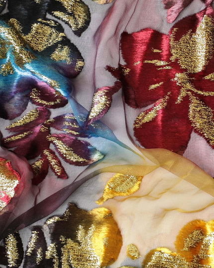 قماش شيفون حريري متعدد الألوان مطبوع رقميًا (مكمل) مع طبقة لوريكس معدنية ومخمل بتصميم زهور لديراك - D9902