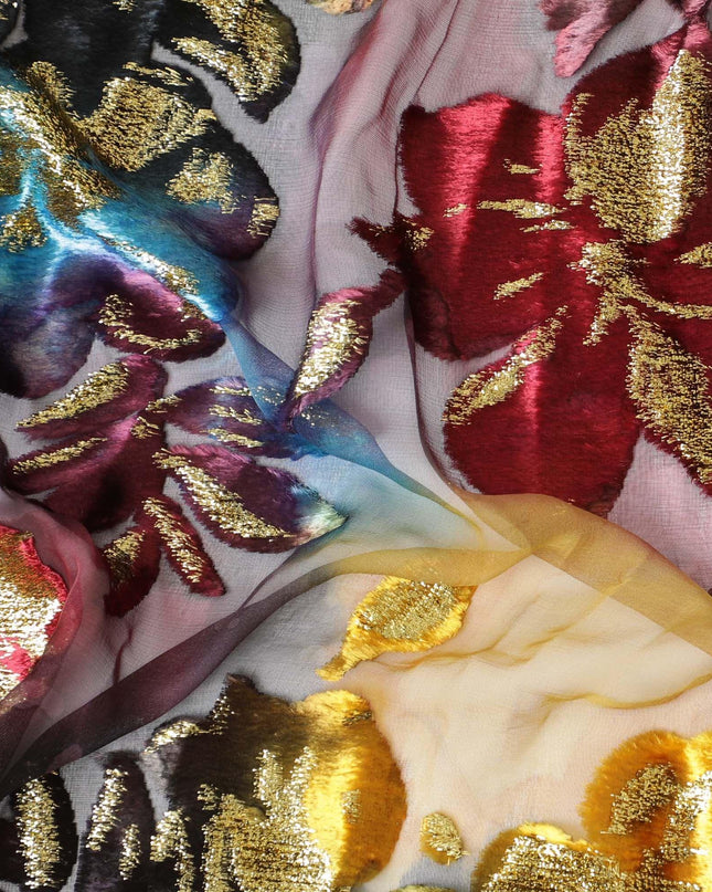 قماش شيفون حريري متعدد الألوان مطبوع رقميًا (مكمل) مع طبقة لوريكس معدنية ومخمل بتصميم زهور لديراك - D9902
