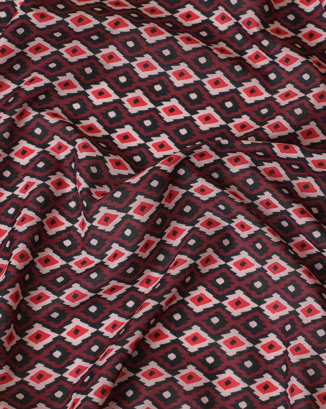 Maroon Premium Spanish 100% cotton lawn fabric with black, light pink and Scarlet red print in abstract design-D9241