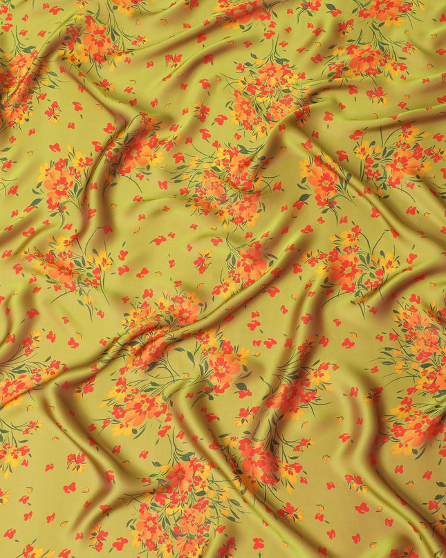 قماش شيفون حريري خالص فاخر من Mehindi Green مع طباعة متعددة الألوان بتصميم الأزهار-D14669