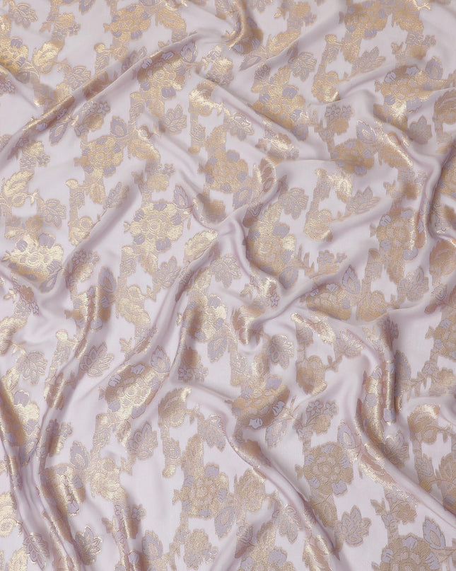 Light lavender premium pure French (Fransawi) silk chiffon fabric with black viscose and gold metallic lurex in floral design-D14274