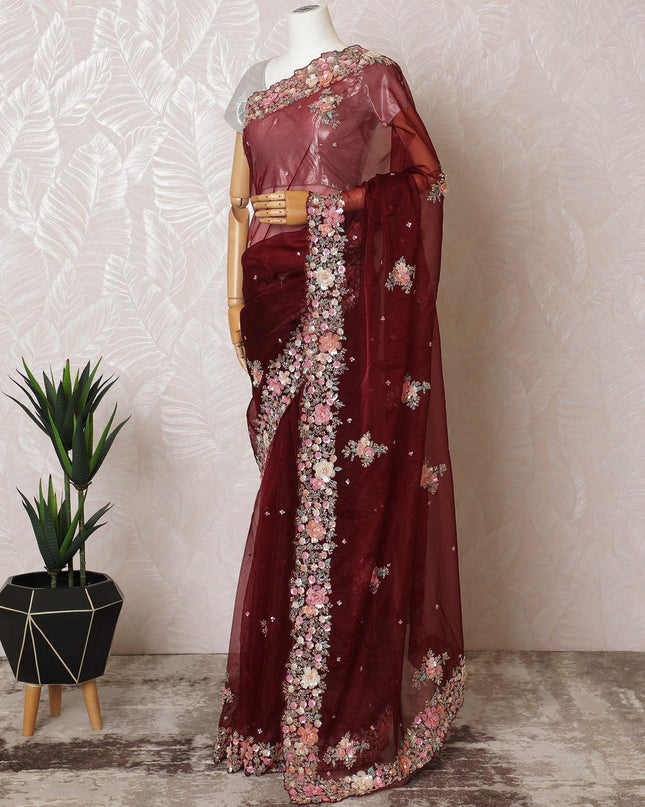 Marron Premium silk organza saree with multicolor embroidery having gold bead work, applique work and sequin work in floral design-D15594