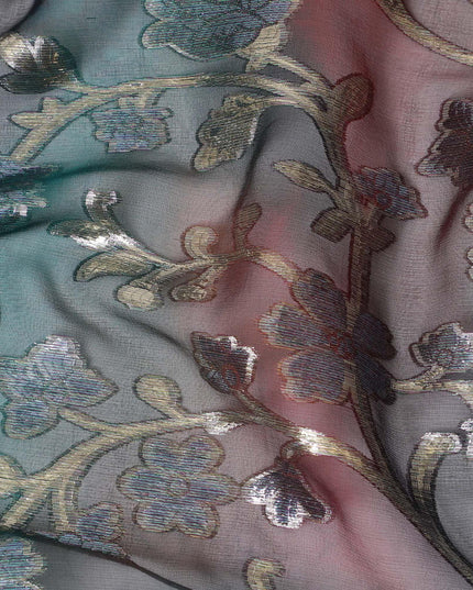 Black Premium pure silk chiffon fabric with gold metallic lurex in floral design-D12537