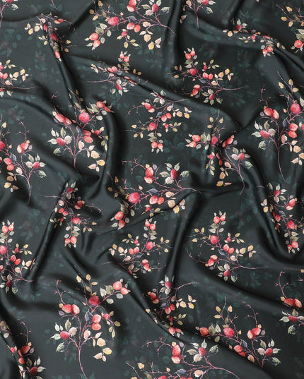 Black synthetic satin fabric with multicolor print in floral design-D10269