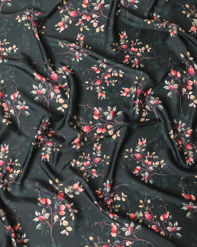 قماش ساتان صناعي أسود مع طباعة متعددة الألوان بتصميم زهور-D10269