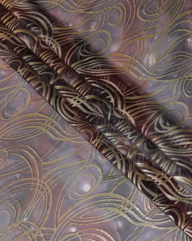 قماش شيفون من الحرير الخالص متعدد الألوان مع لوريكس معدني ذهبي بتصميم تجريدي-D14079