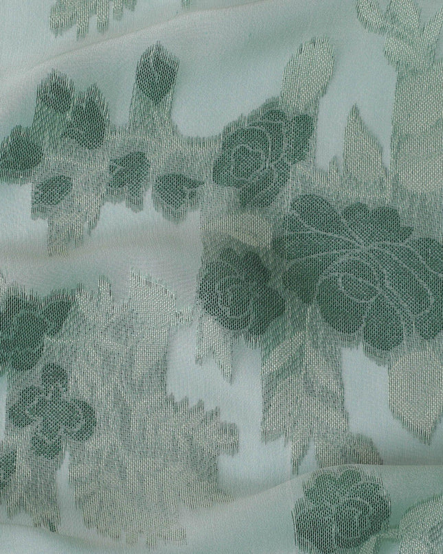 قماش من الشيفون الحريري الفرنسي (الفرنساوي) الفاخر باللون الأخضر الباستيل مع الفيسكوز الأخضر المريمي مع اللوريكس الأخضر بتصميم الأزهار -D14063