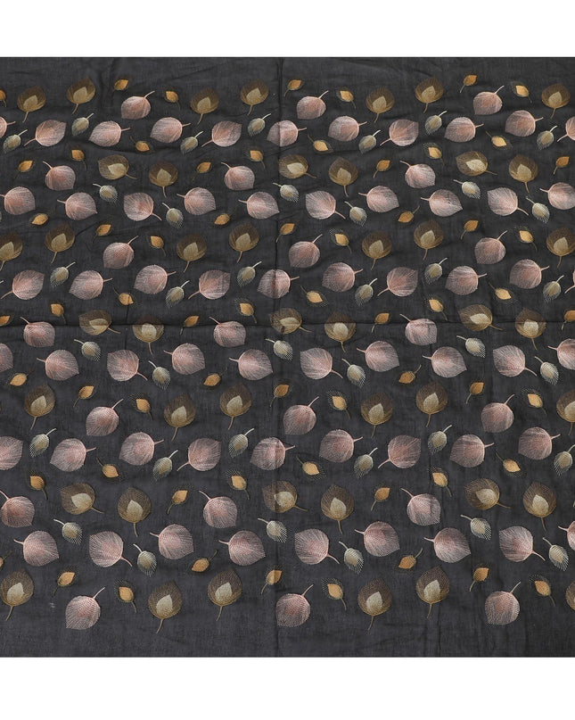 Black premium pure cotton voile fabric with gold and pale copper embroidery in floral design-D13639