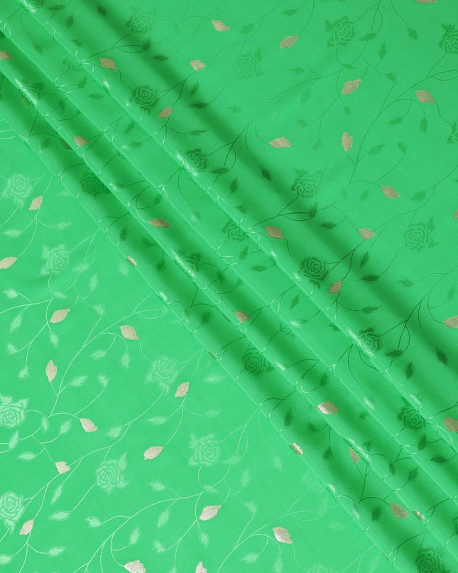 Kelly green Premium pure silk crepe fabric with same tone jacquard and gold metallic lurex in dot design-D14633