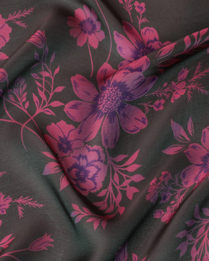 Black Premium pure silk chiffon fabric with hot pink and purple print in floral design-D14659