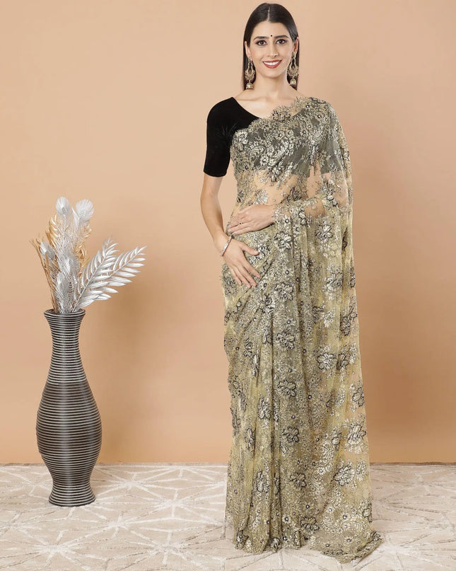 Gold, Black Premium metallic French chantilly lace saree having stone work in floral design-D8724S Regal Fabrics