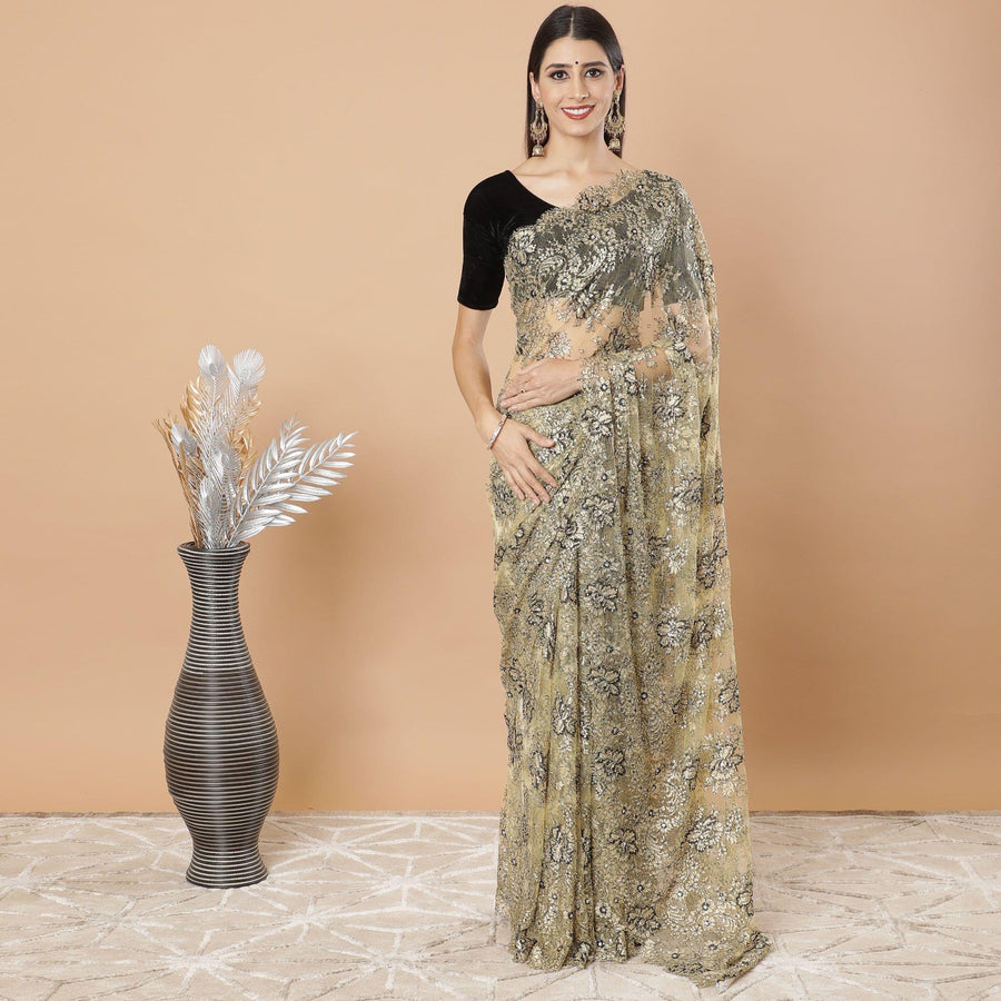 Gold, Black Premium metallic French chantilly lace saree having stone work in floral design-D8724S