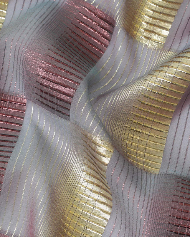 قماش شيفون حريري خالص فاخر باللون الأزرق والوردي مع لوركس معدني ذهبي ونحاسي بتصميم مربعات-D11495