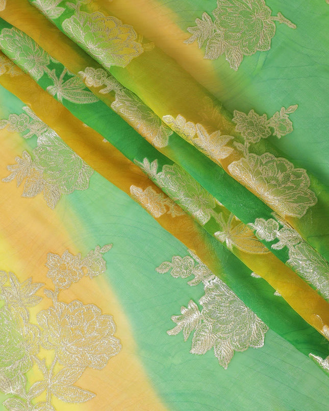 قماش شيفون حريري نقي فاخر باللون الأخضر الليموني مع طباعة يدوية متعددة الألوان مع لوريكس معدني ذهبي بتصميم فاخر-D10414