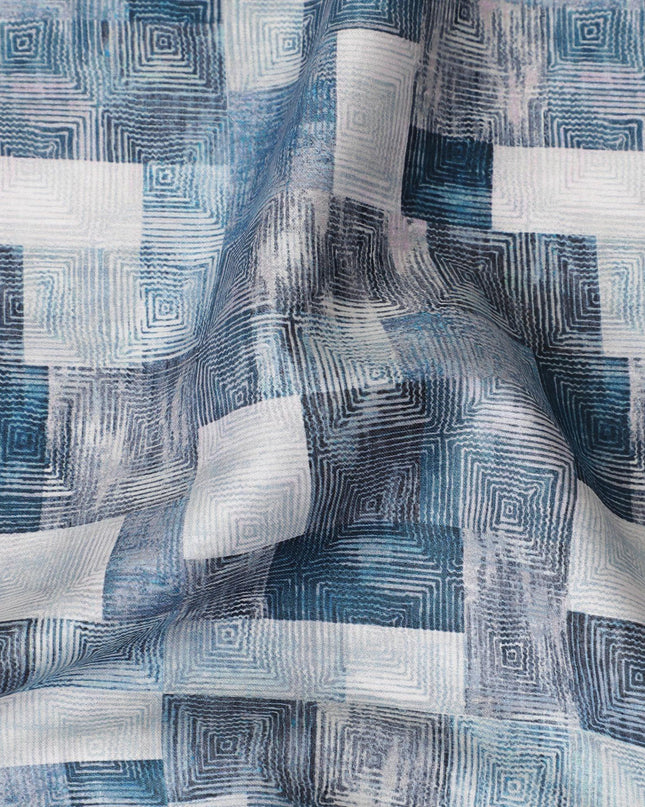 قماش ساتان قطني بيج فاتح مع طباعة باللونين الأسود والأزرق بتصميم تجريدي-D11915