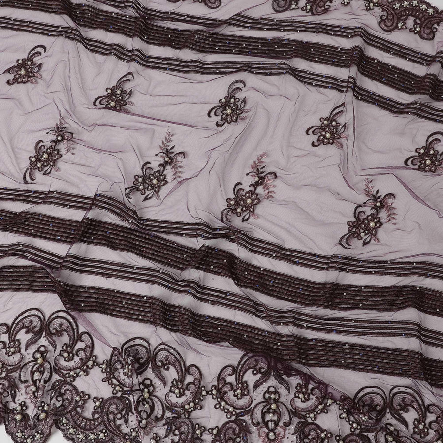 Dark Violet nylon tulle fabric with lilac , brown metallic embroidery and pearls & multi color stones in abstract design