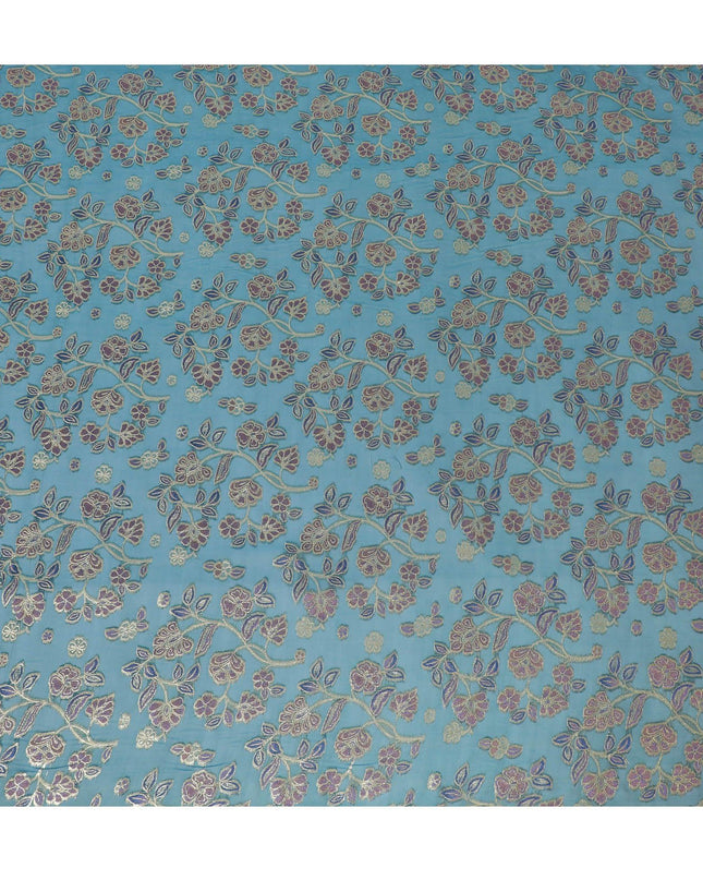 قماش شيفون من الحرير الخالص باللون الأزرق البترولي مع الفيسكوز الأرجواني والأزرق مع اللوريكس المعدني الذهبي بتصميم الأزهار - D14125