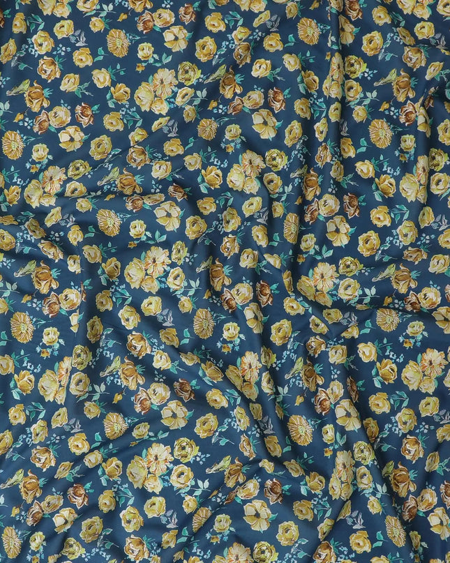 Turkish blue Premium Spanish 100% Cotton with sea green, off white and mustrad yellow print in floral design-D9236 Regal Fabrics